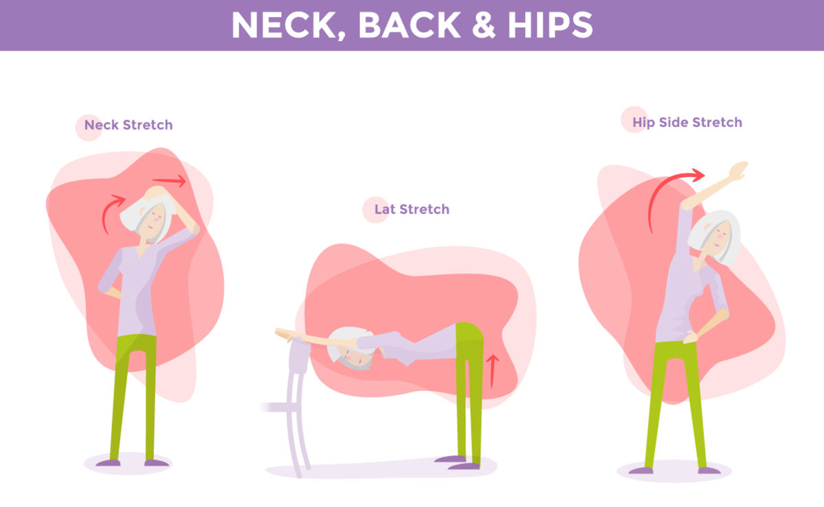 neck back and hip stretches