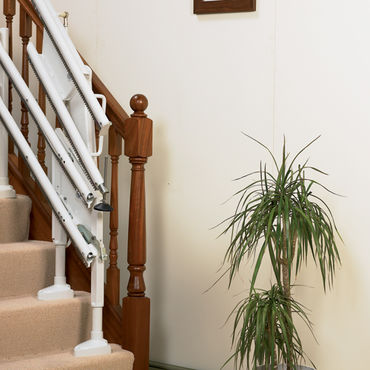A stair lift is attached to a carpeted staircase, ascending alongside a wooden banister.  A potted plant sits nearby in a domestic setting.