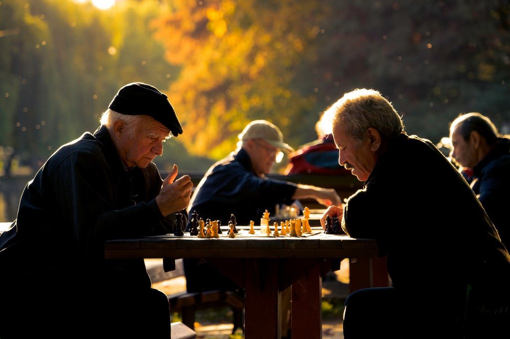 Two old men sitting and playing chess