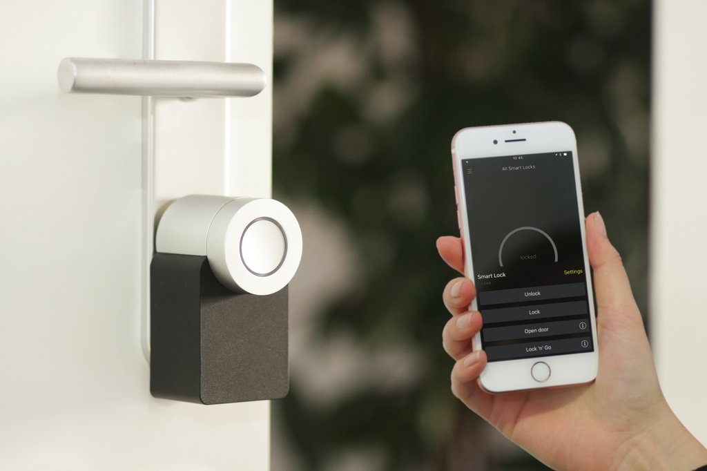Smart lock on door with mobile app