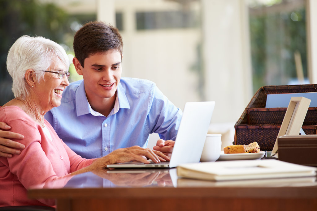 Grandmother and grandson using a laptop