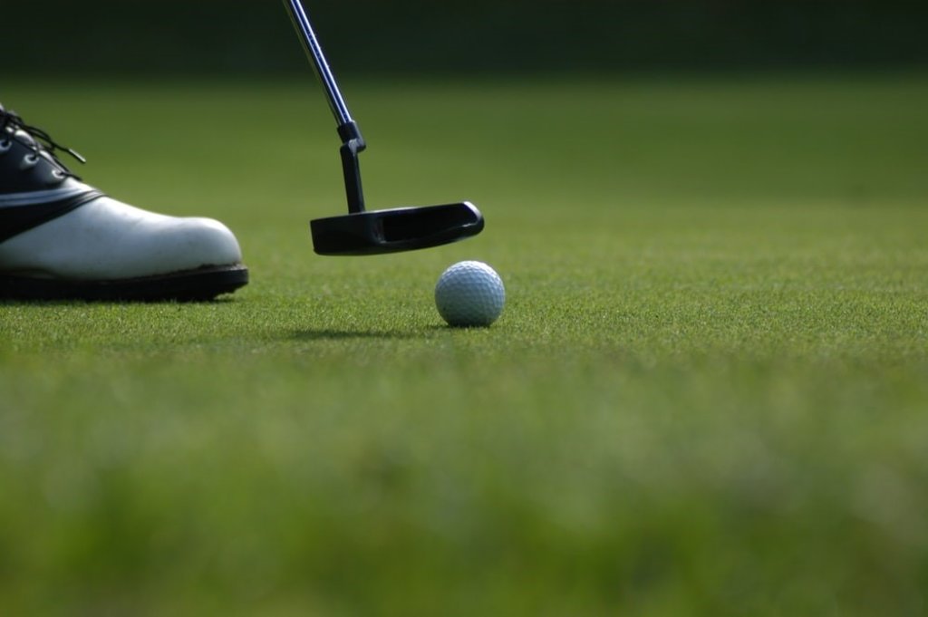 A golf ball and club on the grass