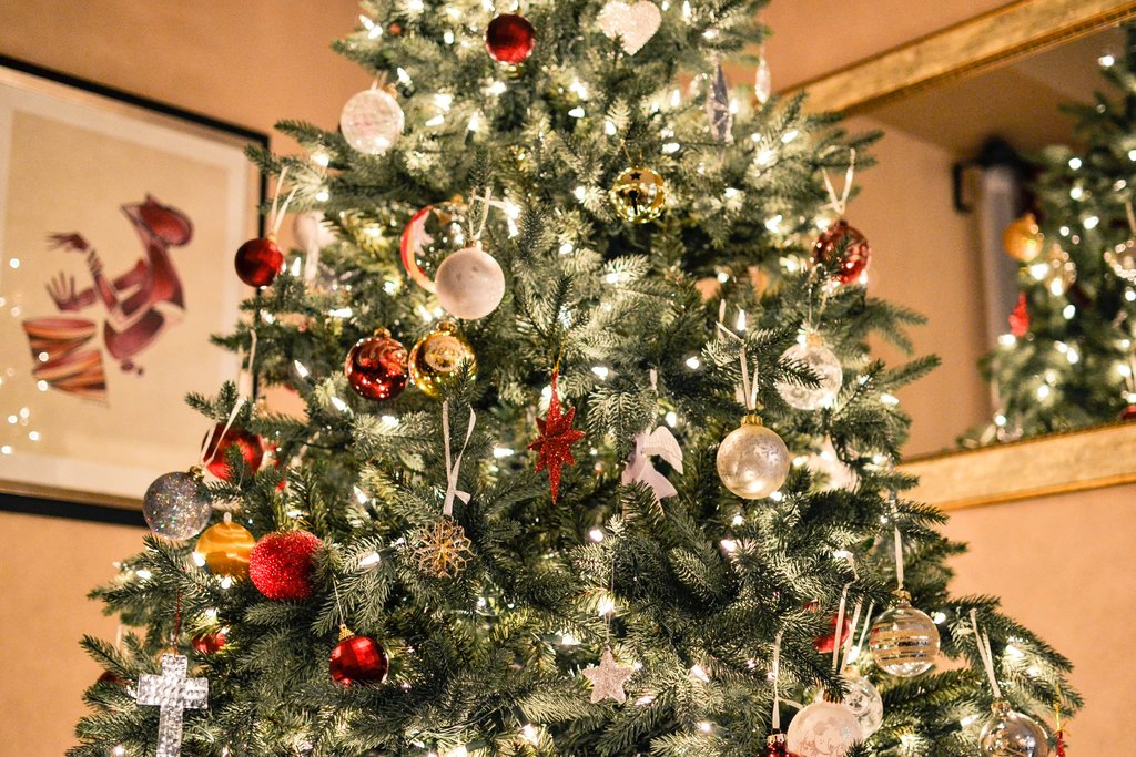 A tree lit up at Christmas