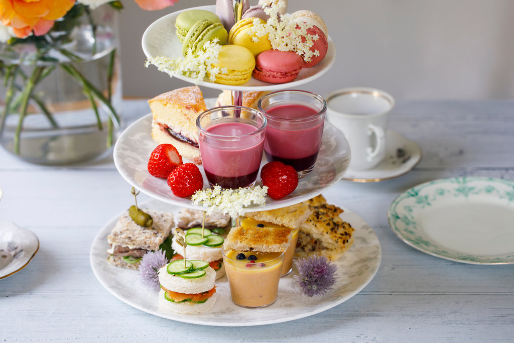 Afternoon tea displayed on a cake stand