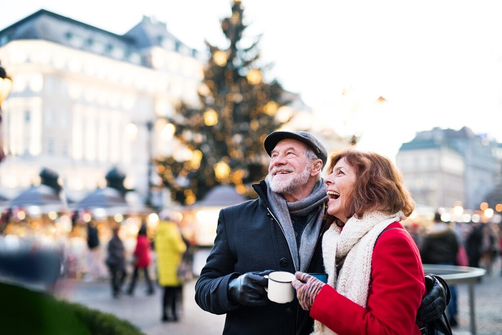 Older couple outside at Christmas