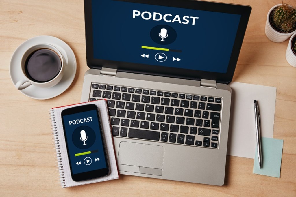 podcast on laptop